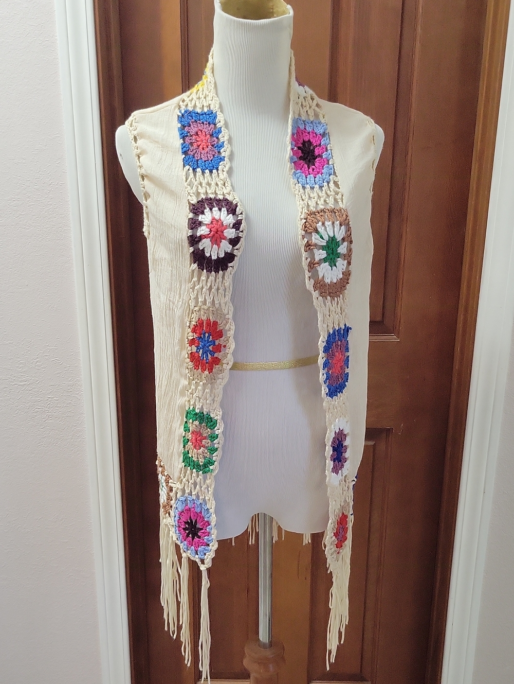 Crochet Granny Square Vest - Cream with Multicolor Accents